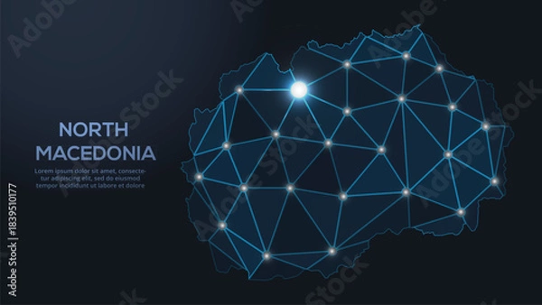 Fototapeta Low-poly vector map of Northern-Macedonia featuring glowing city lights and population density illustrated through star-like dots and cosmic shapes.