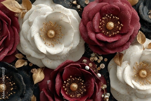 Fototapeta Floral Fantasy: A captivating close-up showcases an arrangement of exquisitely crafted flowers, each bloom a symphony of color and detail, creating a visual feast for the senses.