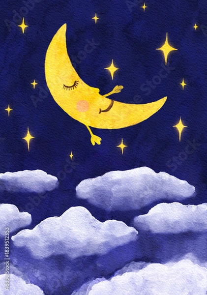 Fototapeta Crescent moon sleeps above clouds under starry night sky, hand drawn watercolor illustration.
