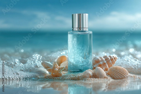 Fototapeta Coastal Essence: A sleek bottle of refreshing, azure fragrance sits amidst an array of delicate seashells and soft sand, against a backdrop of the serene ocean, evoking tranquility.