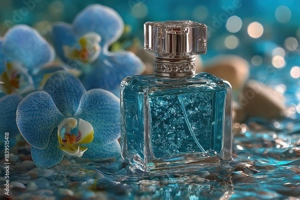 Fototapeta Fragrant Elegance: A luxurious perfume bottle, adorned with sparkling accents, rests amidst delicate blue orchids, capturing a sense of refined beauty and sensory delight.