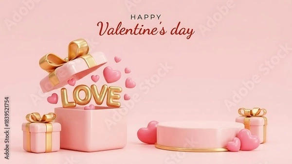 Fototapeta Valentine day podium and gift box for product display in 3d render