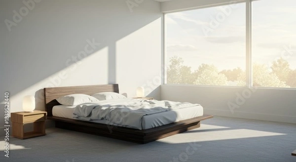 Obraz Modern Minimalist Bedroom with Large Window Natural Light and Simple Furniture