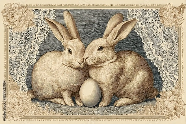 Fototapeta Vintage Easter Bunny Romance: An intimate portrayal of two adorable rabbits, their noses gently touching, surrounded by delicate lace, with a single egg nestled between them.