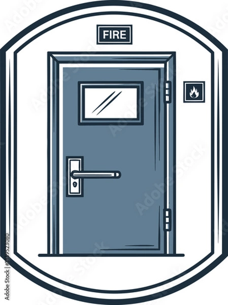 Obraz Fire Exit Door: An illustration of a fire exit door, equipped with a handle, window, and emergency signage, ready for use during a fire emergency. 
