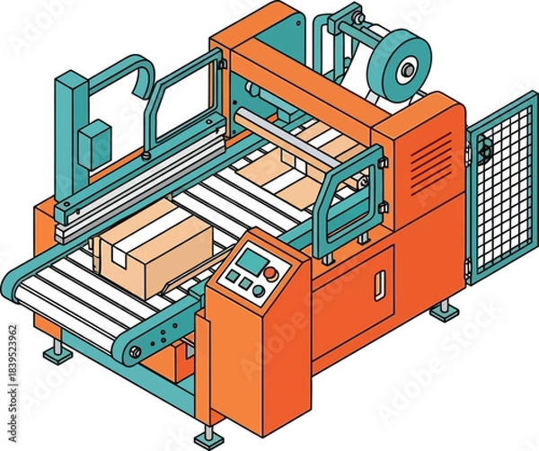 Obraz Automated Packaging Machine: An illustration showcases a modern automated packaging machine, seamlessly sealing cardboard boxes, symbolizing efficiency and innovation in the packaging process.