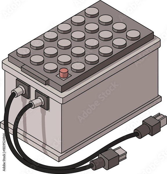 Obraz Power source illustration: A detailed illustration showcases a sleek, technological power source, featuring a grid of circular elements and connected cables.