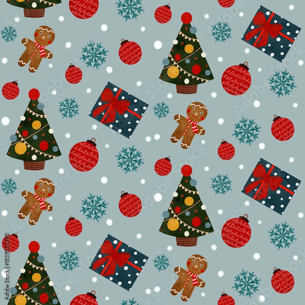 Obraz Seamless festive Christmas pattern with winter trees, gingerbread cookies, red ornaments, snowflakes,gift boxes and snow. Cozy holiday design perfect for winter textiles and cheerful seasonal decor