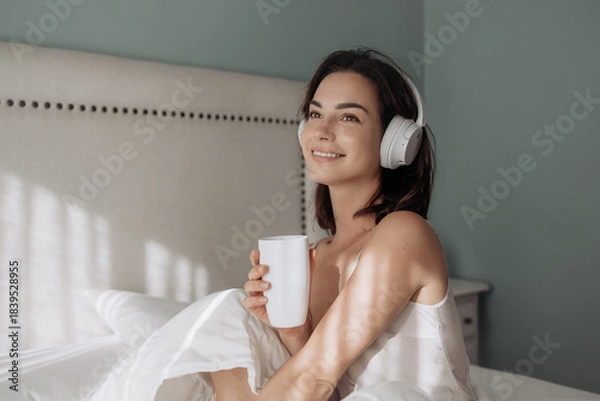 Obraz Young woman with headphones enjoying a warm beverage while sitting in bed, surrounded by soft bedding and a calming atmosphere, embracing a cozy morning routine