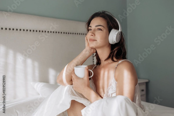 Obraz Young woman with dark hair, wearing headphones, enjoys a warm beverage while relaxing in bed, surrounded by soft linens, creating a cozy and tranquil atmosphere for self-care
