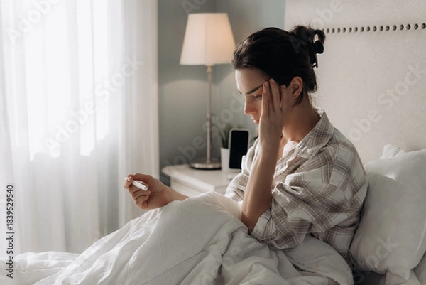 Fototapeta Female in pajamas, sitting on bed, holding pregnancy test  with a worried expression, surrounded by soft light reflecting a moment of health concern