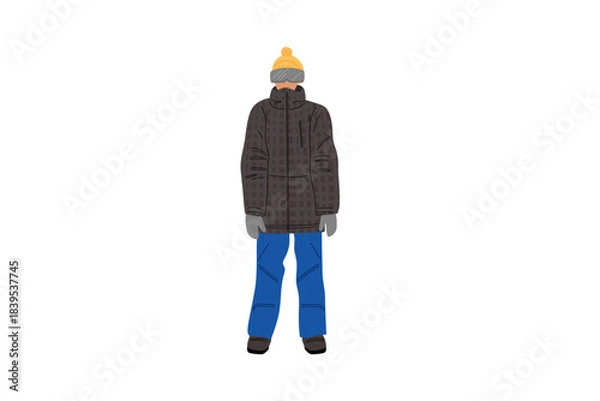 Obraz Person Wearing Winter Clothing with Jacket and Hat Standing in Snowy Area During Cold Season. Winter sports, walking equipment.