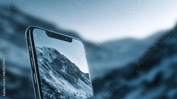 Fototapeta Smartphone displaying mountain landscape