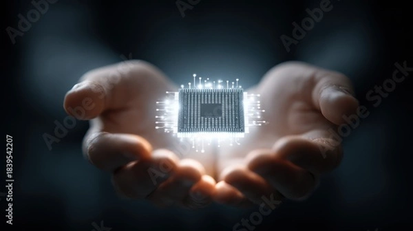 Fototapeta Innovation and Technology: Hands Presenting Glowing AI Chip