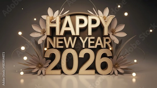 Fototapeta Golden happy new year 2026 text with floral accents and soft bokeh lights