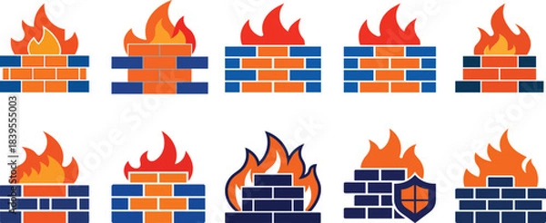 Obraz Firewall icon collection. Brick wall and fire icon set. Internet security concept