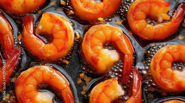 Obraz Close up top view of sizzling shrimp frying in hot oil. Cooked prawns with garlic sauce in a pan. Delicious seafood cuisine background