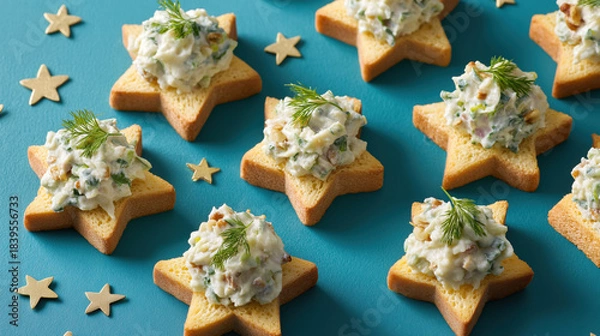 Obraz Star shaped appetizers with creamy salad on toasted bread. Festive Christmas and New Year party food concept on blue background