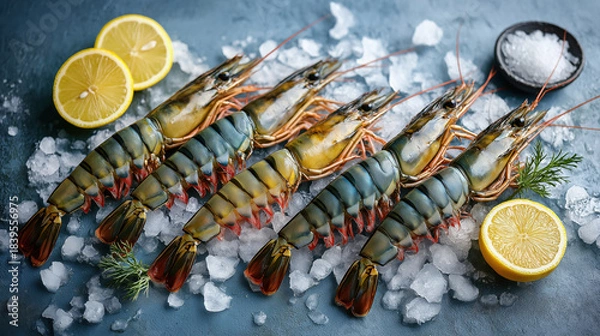 Obraz Raw tiger prawns on crushed ice with lemon and sea salt. Fresh black tiger shrimp seafood flat lay