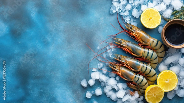 Obraz Raw tiger prawns on crushed ice with lemon and soy sauce. Fresh seafood ingredients flat lay on blue background. Copy space for text