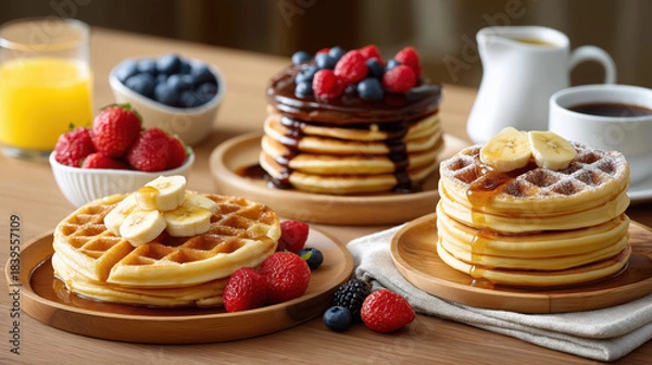 Obraz Assorted breakfast with waffles and pancakes on a wooden table. Sweet morning meal with bananas, berries and chocolate sauce