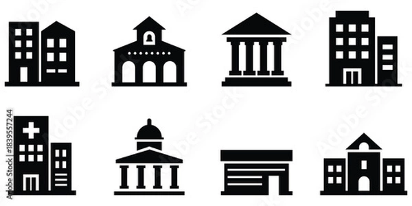 Obraz Government building silhouette set, City architecture icon pack, Public institution structure collection