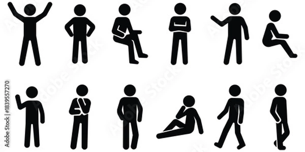 Obraz Stickman gesture figure set, Human pose icon pack, Standing and sitting silhouette collection