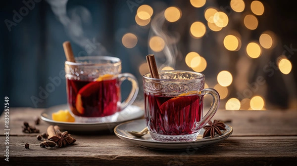 Obraz Two glasses of hot mulled wine with spices on a wooden table. Traditional Christmas gluhwein with cinnamon and orange. Winter holiday background with bokeh lights