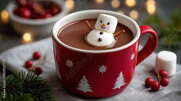 Obraz Red mug of hot chocolate with a cute snowman marshmallow. Festive winter drink with pretzel arms. Cozy Christmas holiday background with bokeh lights