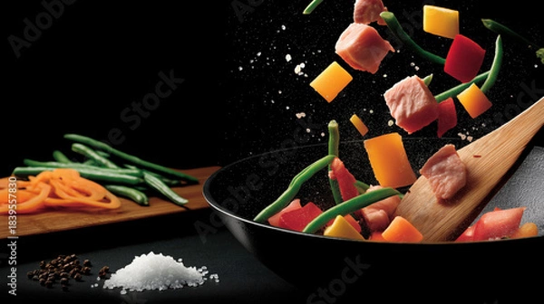 Obraz Stir fry cooking with flying ingredients above a wok. Fresh vegetables and meat tossing in air. Asian food preparation with salt and pepper on black background