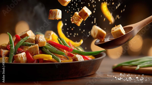 Obraz Tofu and vegetable stir fry with ingredients falling into a hot skillet. Cooking healthy asian food with steam and motion