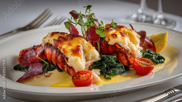 Obraz Gourmet lobster tail thermidor with cheese sauce and spinach. Fine dining seafood dish on a white plate with tomatoes and lemon