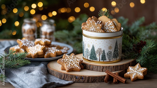 Obraz Christmas gingerbread cookies in a decorative tin on a rustic wooden table. Homemade snowflake shaped biscuits with white icing. Festive holiday still life with pine branches and bokeh lights