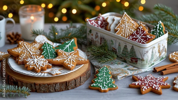 Obraz Homemade Christmas gingerbread cookies shaped like stars and trees. Decorated biscuits with icing in a tin box and on a plate. Festive winter holiday background with bokeh lights