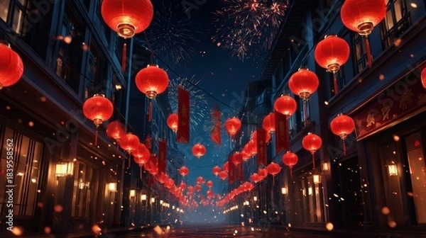 Obraz Red Lanterns and Fireworks During Chinese Festival Night