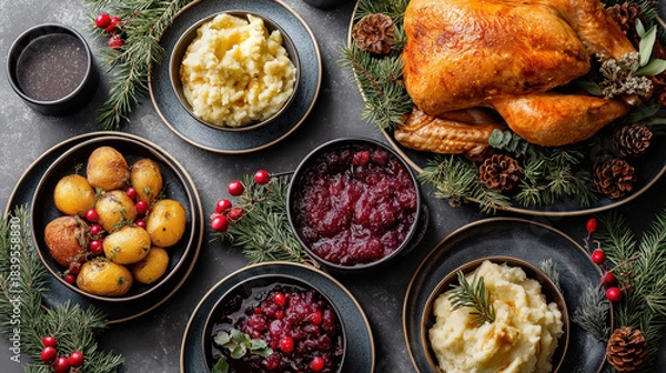 Obraz Traditional Thanksgiving or Christmas dinner with roasted turkey and side dishes. Holiday feast flat lay on dark background. Top view of festive food including mashed potatoes and cranberry sauce