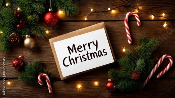 Obraz Merry Christmas Card with Pine and Candy Canes