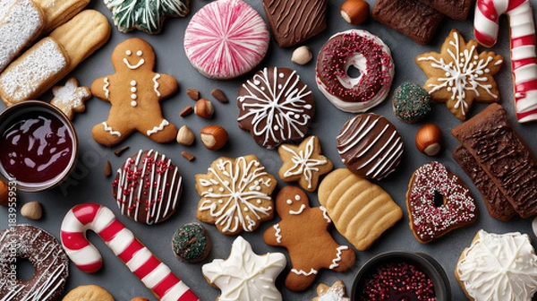 Obraz Top view of assorted Christmas cookies and gingerbread man on a dark rustic table. Festive holiday dessert flat lay with chocolate, nuts, and jam