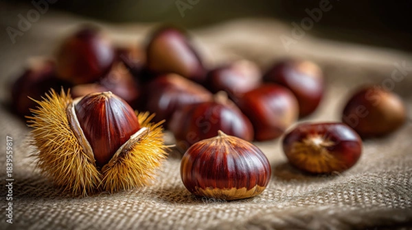 Obraz Fresh chestnuts with spiky burrs on rustic burlap fabric. Autumn harvest food background