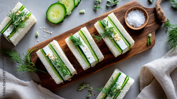 Obraz Cucumber sandwiches with cream cheese and dill on a wooden board. Healthy vegetarian appetizer flat lay. Fresh finger food for tea party