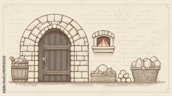 Obraz Medieval doorway with fireplace and harvest elements illustration