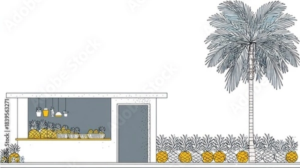 Obraz Tropical scene with shop and palm tree vector illustration copy space