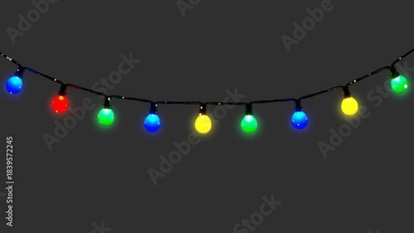 Fototapeta Decorative Light Strand – Nine Glowing Bulbs on Black Wire in JPG and PNG for Seasonal Graphics