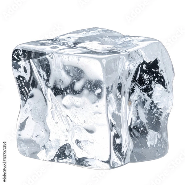 Fototapeta A single, clear ice cube with irregular, textured surfaces set against a stark black background.