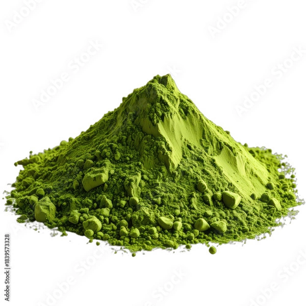 Fototapeta A vibrant pile of bright green matcha tea powder forms a small mound against a stark black background.