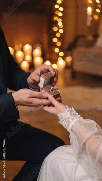Fototapeta Romantic proposal moment with a man in a suit presenting a velvet ring box to a woman in lace. Surrounded by warm candlelight and string lights, the scene captures love, commitment, and celebration.