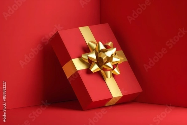 Obraz Red Gift Box with Gold Ribbon - Holiday Present Concept
