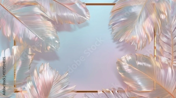 Obraz Premium background featuring pearlescent tropical leaves and elegant thin frame