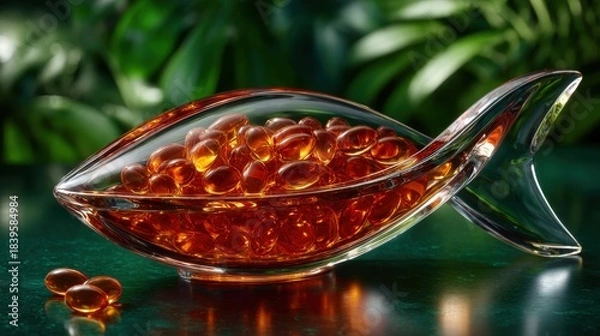 Obraz Fish-shaped glass dish filled with orange capsules, symbolizing health supplements, set against a lush green backdrop.