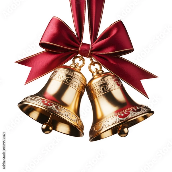 Fototapeta Ornate golden bells with red ribbon bow, festive holiday symbol isolated on transparent background